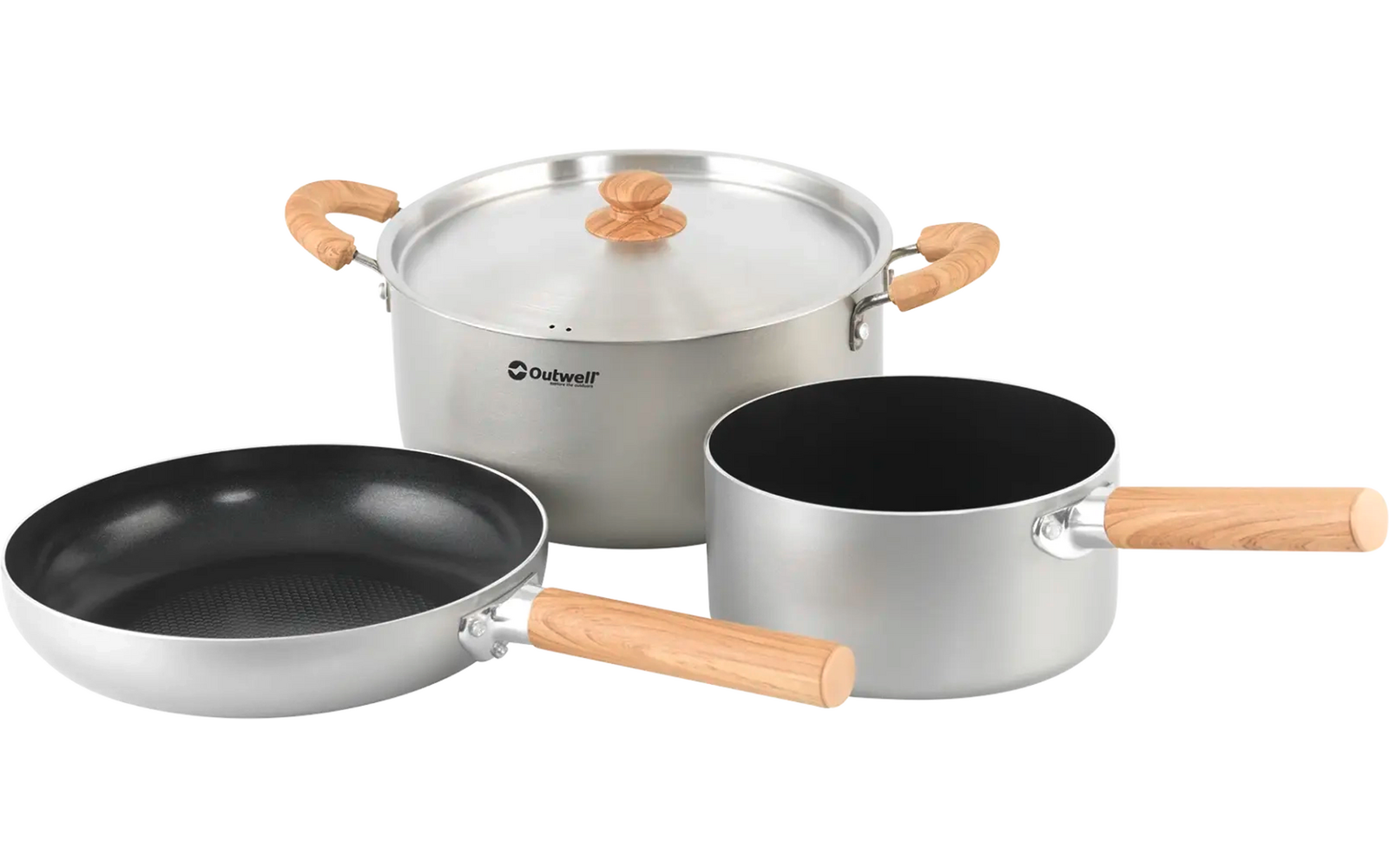 Een set van vier keukengerei: twee pannen met deksels, één koekenpan en één pan zonder deksel, allemaal wit met gouden handvatten