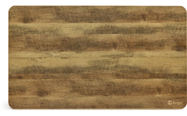 Surface en bois rectangulaire avec coins arrondis, stries horizontales foncées, petit logo 'Berger' en bas à droite