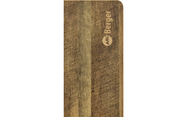 Surface en bois avec veines visibles et coin arrondi, inscription "Berger" et symbole circulaire avec un cœur