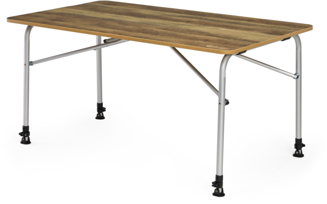 Table rectangulaire avec plateau en bois brun clair, pieds métalliques argentés avec barres transversales et embouts de pieds noirs, sur fond blanc