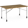 Table rectangulaire avec plateau en bois brun clair et pieds métalliques argentés avec entretoises transversales et embouts noirs