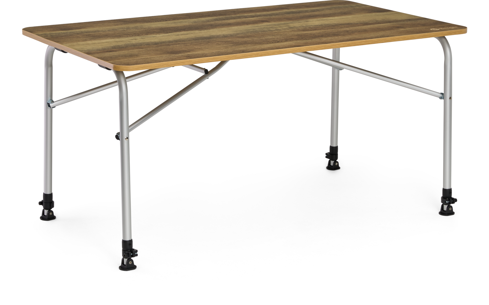 Table rectangulaire avec plateau en bois brun clair et pieds métalliques argentés avec entretoises transversales et embouts noirs