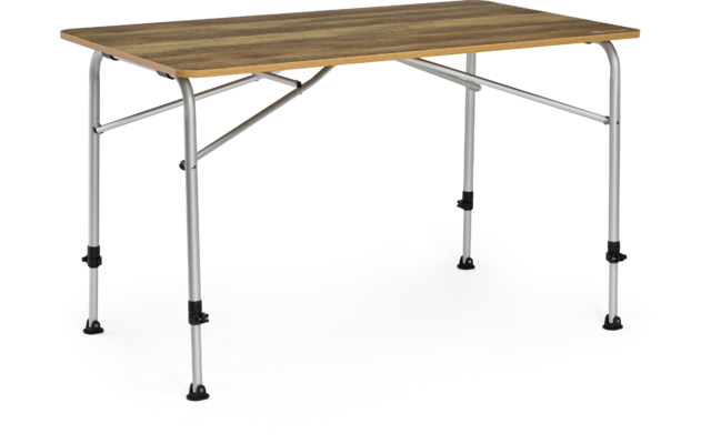 Table rectangulaire avec plateau en bois, pieds métalliques argentés, diagonales de soutien et pieds en caoutchouc noirs