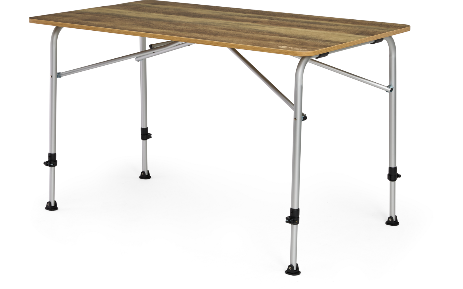 Table rectangulaire avec plateau couleur bois, quatre pieds métalliques argentés, embouts en plastique noir, barres transversales et renfort diagonal sur fond blanc