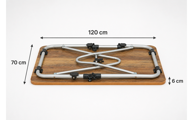 Rechteckiges Holzbrett liegend mit gefaltetem silbernem Metallgestell in X-Form und schwarzen Kunststoffverbindern, Pfeilmarkierungen mit '120 cm', '70 cm' und '6 cm' auf weißem Hintergrund