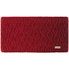 Rotes gestricktes Stirnband mit strukturierter Musterung und einem kleinen Metallschild
