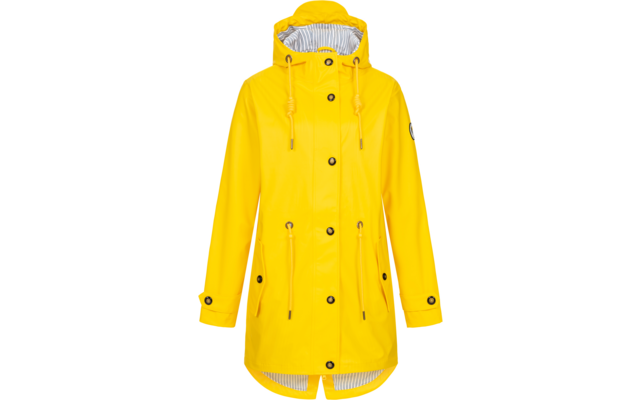 Gelber Regenmantel mit Kapuze und Knöpfen