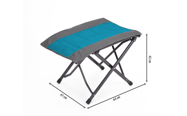 Zusammenklappbarer Hocker mit blauer Sitzfläche und grauem Rahmen, Maße mit Pfeilen angezeigt