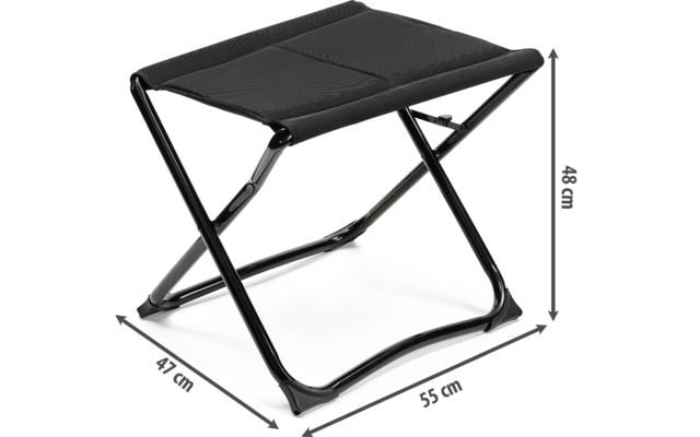 Klapphocker mit schwarzer Sitzfläche und Metallgestell, Maße 55 cm Breite, 49 cm Tiefe, 48 cm Höhe