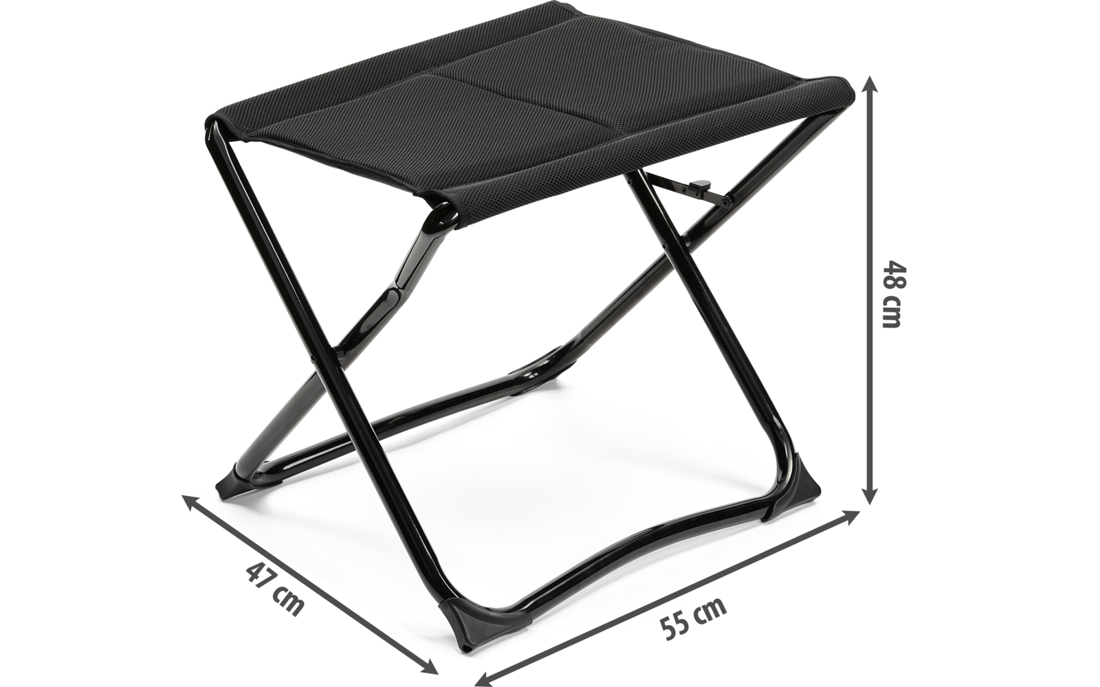 Klapphocker mit schwarzer Sitzfläche und Metallgestell, Maße 55 cm Breite, 49 cm Tiefe, 48 cm Höhe