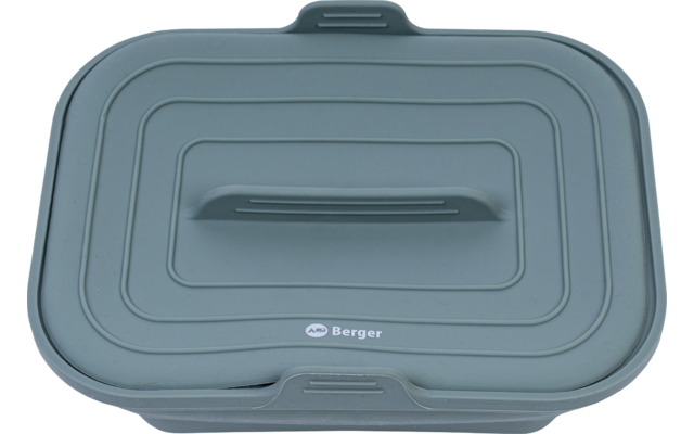 Rechteckige blau-grüne Kunststoffbox mit Deckel, zentralem Griff auf dem Deckel, sichtbarem 'Berger'-Logo und umlaufenden Rillen