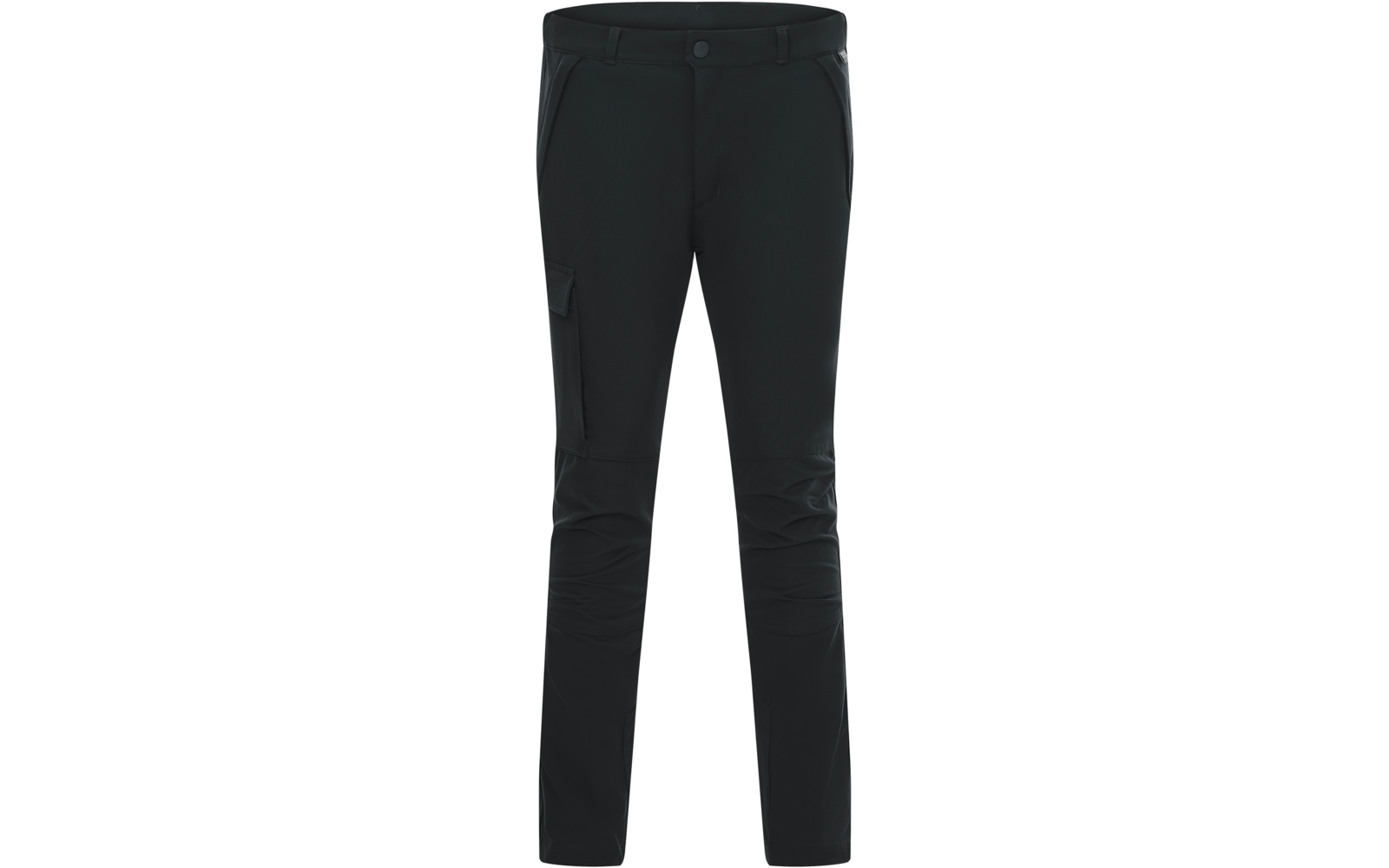 Schwarze, knöchellange Outdoor-Hose in Frontansicht, schlanke Passform, Bund mit Knopf und Gürtelschlaufen, zwei schräge Vordertaschen, aufgesetzte Beintasche mit Klappe am rechten Oberschenkel, vorgeformte Knie