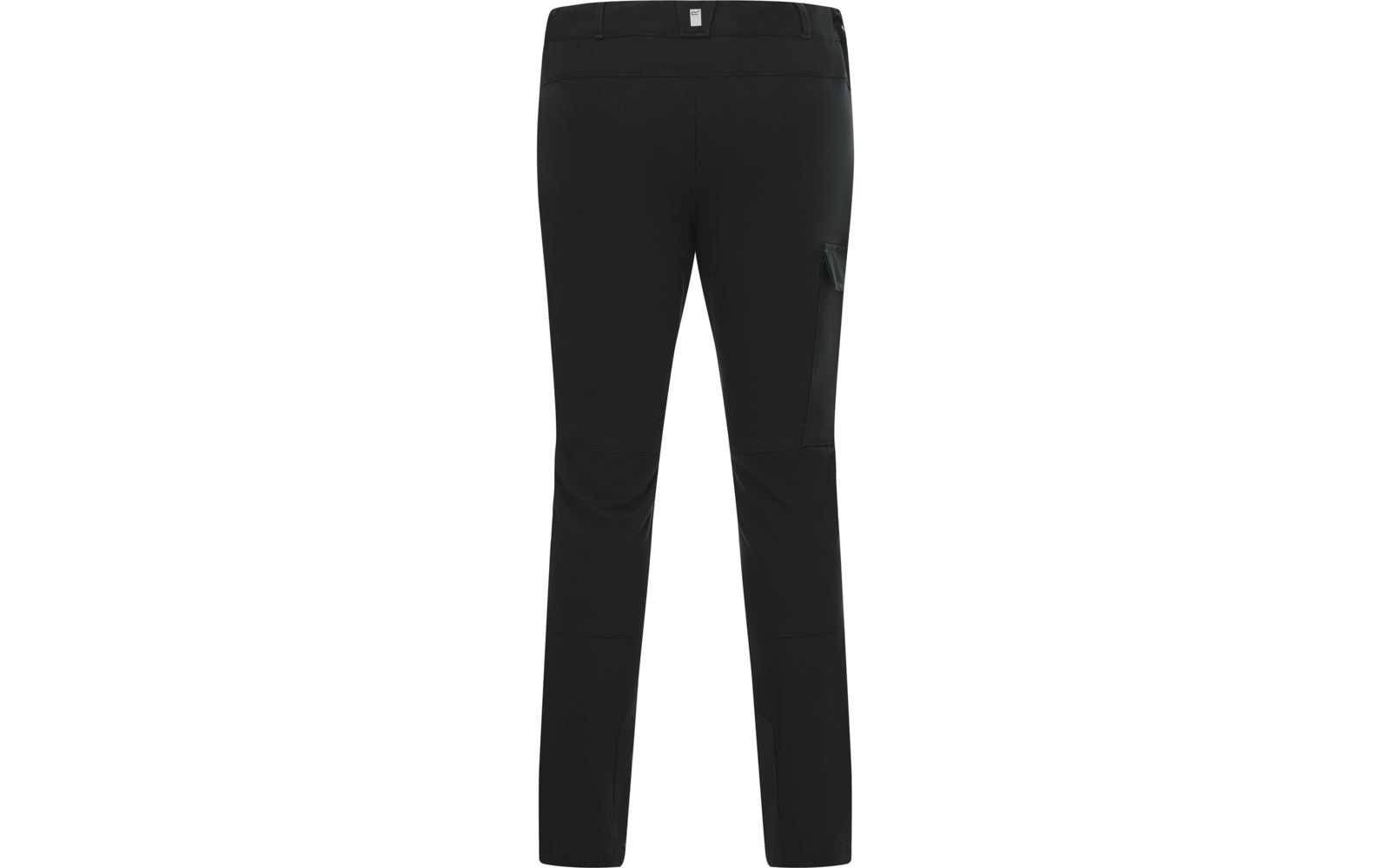 Schwarze lange Hose, Rückansicht, gerader Schnitt, Tasche mit Klappe am rechten Oberschenkel, sichtbares Etikett am Bund