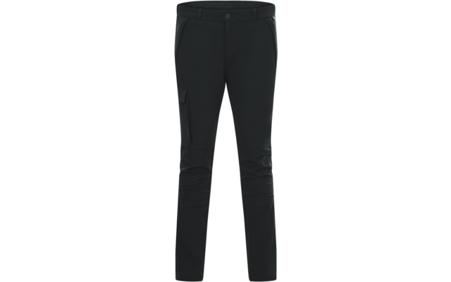 Schwarze, knöchellange Outdoor-Hose in Frontansicht, schlanke Passform, Bund mit Knopf und Gürtelschlaufen, zwei schräge Vordertaschen, aufgesetzte Beintasche mit Klappe am rechten Oberschenkel, vorgeformte Knie