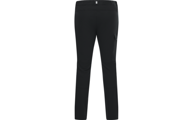 Schwarze lange Hose, Rückansicht, gerader Schnitt, Tasche mit Klappe am rechten Oberschenkel, sichtbares Etikett am Bund