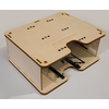 Rectangular flat plywood box with transparent side panels, cutouts, screws and a printed label on the top surface