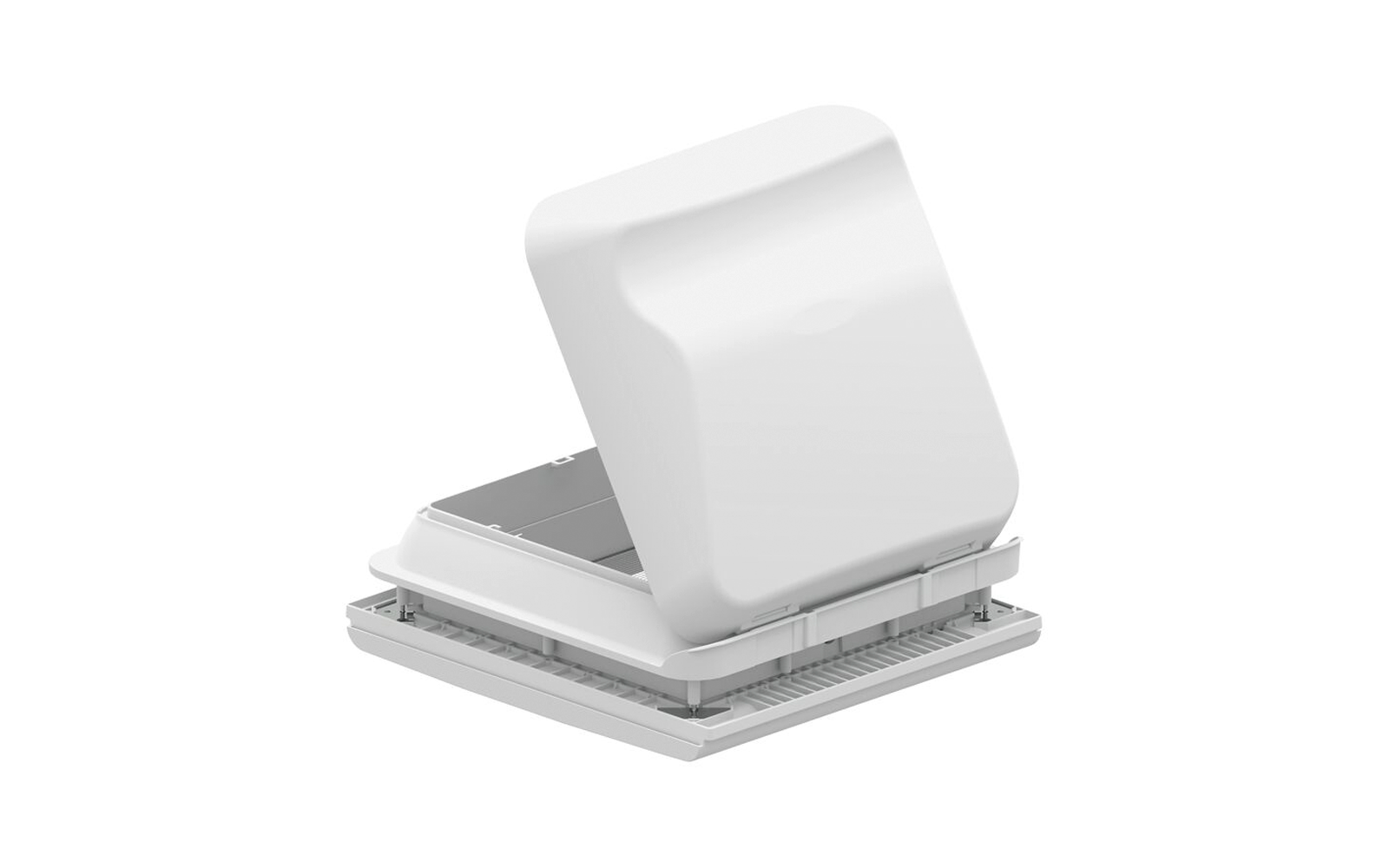 Weißes quadratisches Kunststoffgehäuse mit breiter Basis und geöffnetem, nach oben geklapptem Deckel