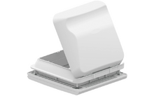 Weißes quadratisches Kunststoffgehäuse mit breiter Basis und geöffnetem, nach oben geklapptem Deckel