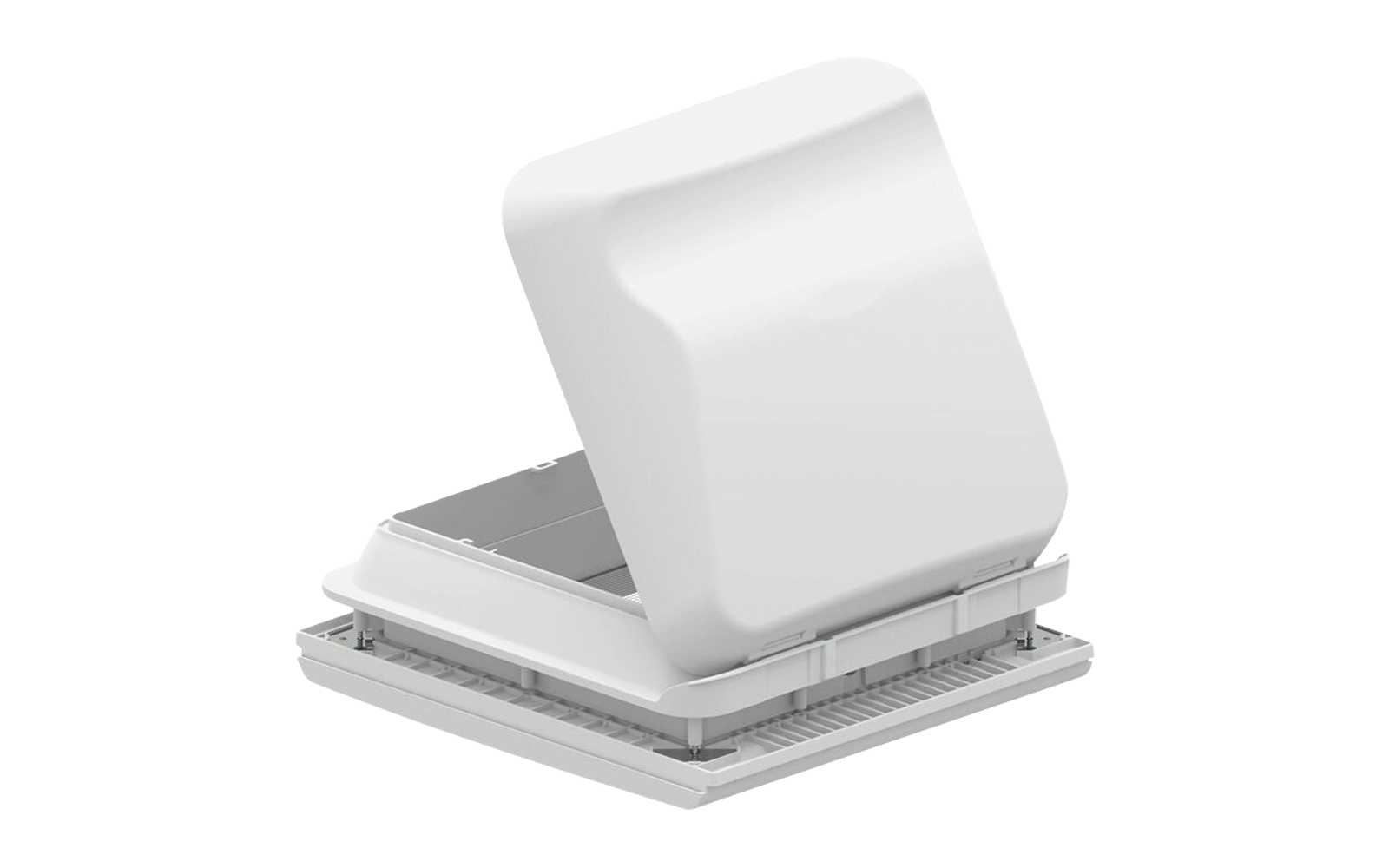 Witte vierkante kunststofbehuizing met brede basis en een geopend, naar boven gekanteld deksel