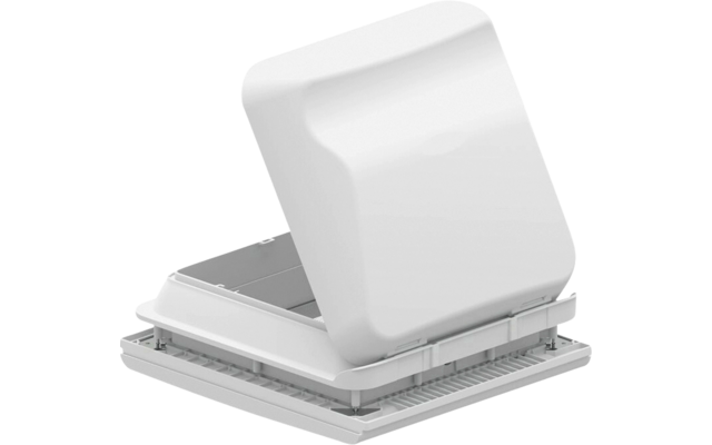 Boîtier carré en plastique blanc avec base large et couvercle ouvert incliné vers le haut