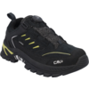 Schwarzer Sportschuh mit gelbgrünen Akzenten, profilierte Sohle, runder Schnürknopf, Zugschlaufe an der Ferse, weißes CMP-Logo vorn