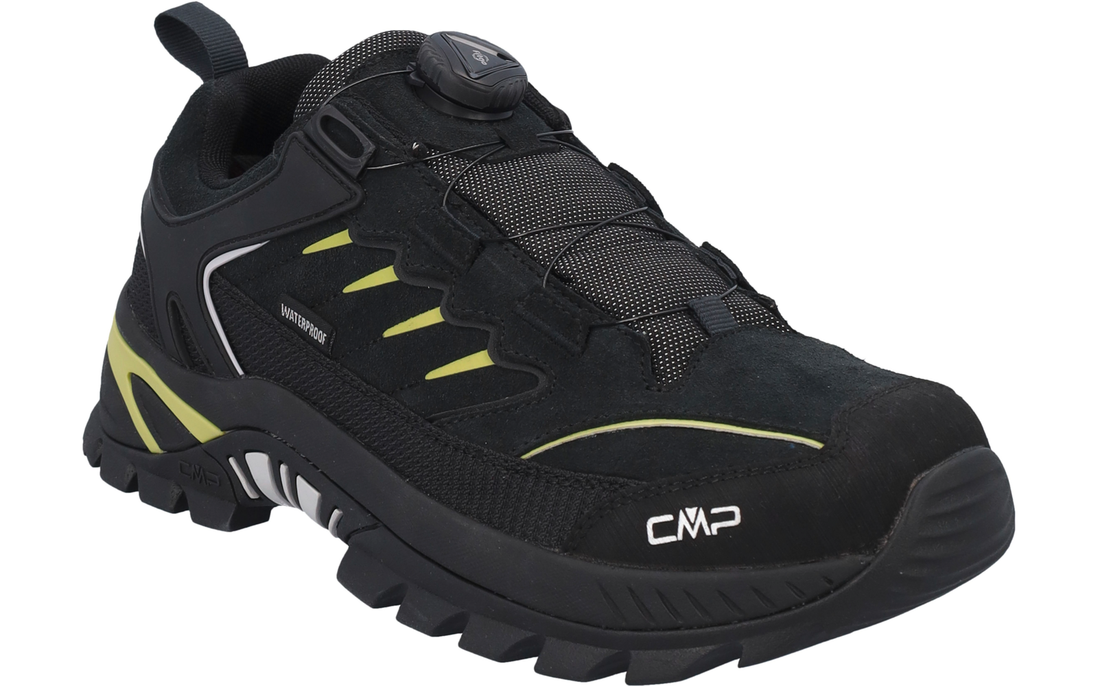 Schwarzer Sportschuh mit gelbgrünen Akzenten, profilierte Sohle, runder Schnürknopf, Zugschlaufe an der Ferse, weißes CMP-Logo vorn