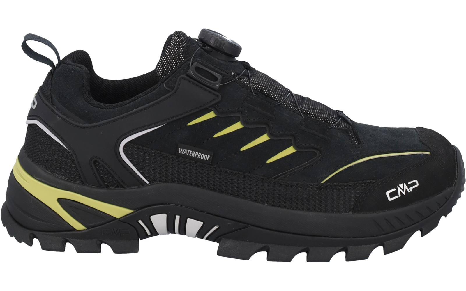 Schwarzer niedriger Wanderschuh mit gelbgrünen Akzenten, profilierter Sohle, Drehverschluss, Zugschlaufe an der Ferse, Aufdruck 'WATERPROOF' und 'CMP'
