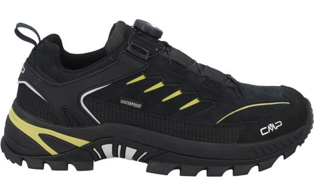 Schwarzer niedriger Wanderschuh mit gelbgrünen Akzenten, profilierter Sohle, Drehverschluss, Zugschlaufe an der Ferse, Aufdruck 'WATERPROOF' und 'CMP'