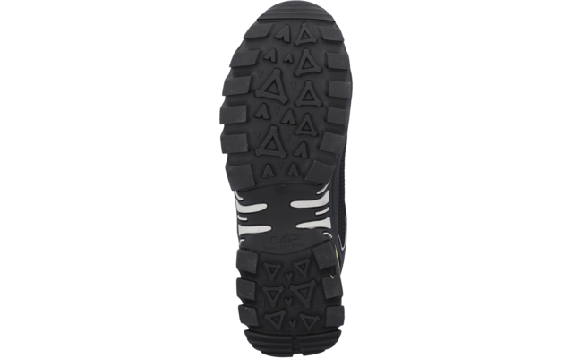 Schwarze Schuhsohle mit tiefem Profil, dreieckigen Noppen, weißen Streifen und kleinem grünem Akzent