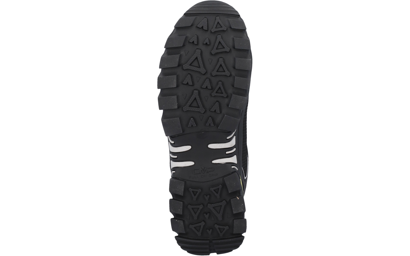 Schwarze Schuhsohle mit tiefem Profil, dreieckigen Noppen, weißen Streifen und kleinem grünem Akzent
