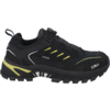Schwarzer niedriger Wanderschuh mit gelbgrünen Akzenten, profilierter Sohle, Drehverschluss, Zugschlaufe an der Ferse, Aufdruck 'WATERPROOF' und 'CMP'