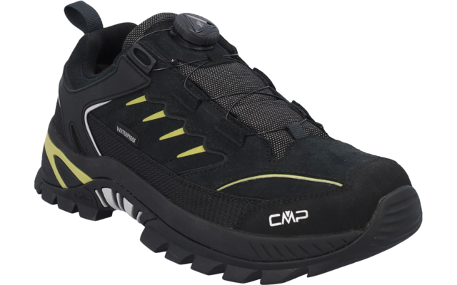 Schwarzer Sportschuh mit gelbgrünen Akzenten, profilierte Sohle, runder Schnürknopf, Zugschlaufe an der Ferse, weißes CMP-Logo vorn
