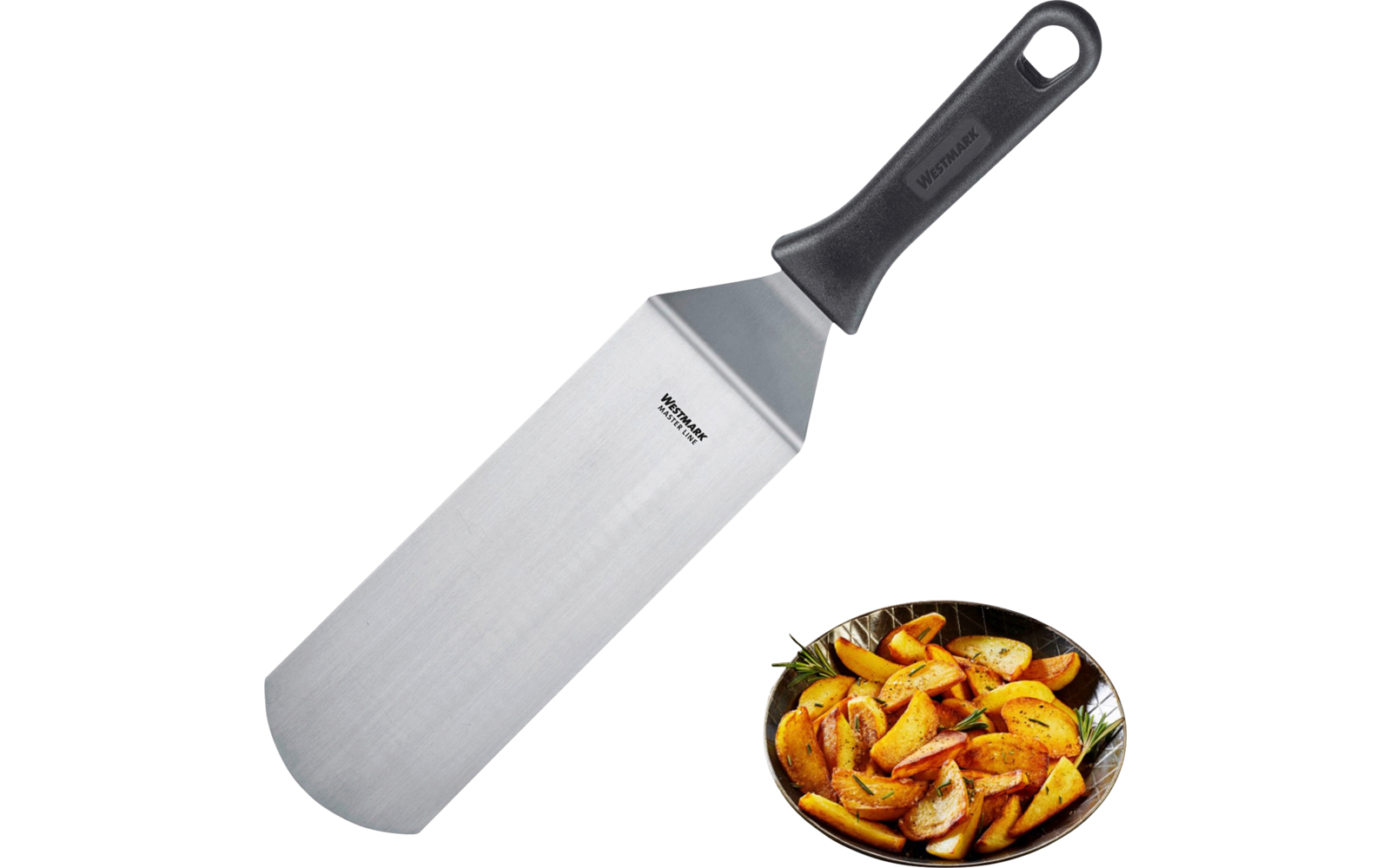 Gran espátula de metal con mango negro junto a un bol con gajos de patata