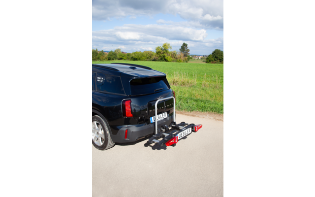 Heck eines dunklen SUVs mit angebrachtem Fahrradträger, im Hintergrund Wiese, Bäume und bewölkter Himmel