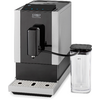 Silberne und schwarze Kaffeemaschine mit Auslauf und transparentem Milchbehälter rechts