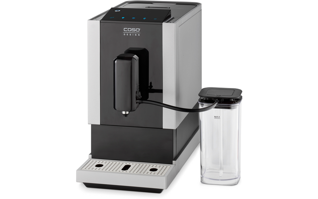 Silberne und schwarze Kaffeemaschine mit Auslauf und transparentem Milchbehälter rechts