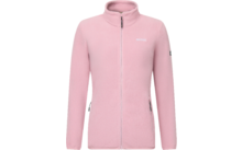 Giacca in pile rosa vista frontale, cerniera centrale a tutta lunghezza, collo alto, due tasche laterali con cerniera, piccolo logo bianco sul petto sinistro, maniche lunghe, sfondo bianco uniforme