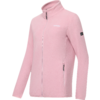 Giacca in pile rosa chiaro con collo rialzato, cerniera centrale, due tasche con zip, piccolo logo su petto e manica