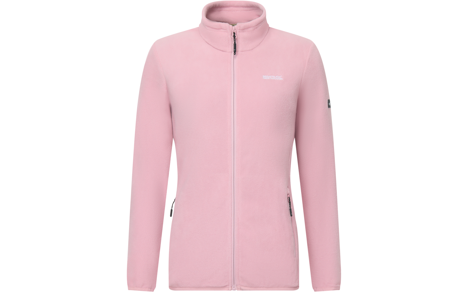 Giacca in pile rosa vista frontale, cerniera centrale a tutta lunghezza, collo alto, due tasche laterali con cerniera, piccolo logo bianco sul petto sinistro, maniche lunghe, sfondo bianco uniforme