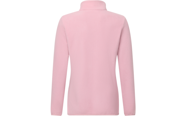Giacca in pile rosa con collo alto, vista posteriore su sfondo bianco