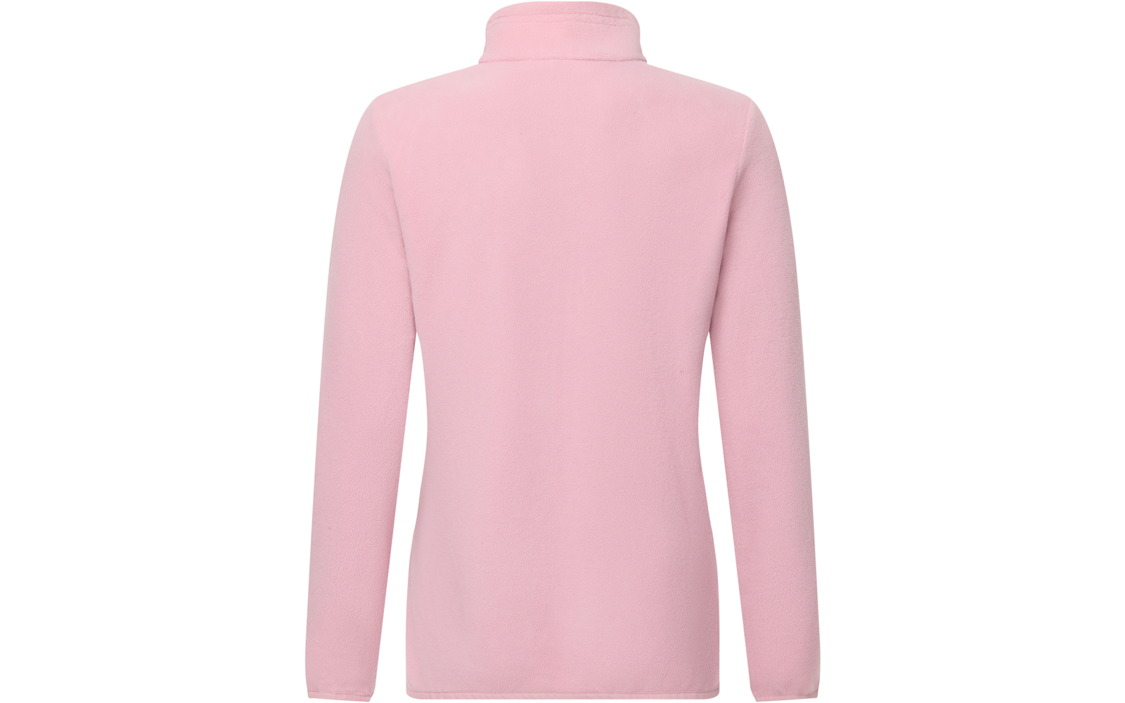 Giacca in pile rosa con collo alto, vista posteriore su sfondo bianco