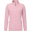 Giacca in pile rosa vista frontale, cerniera centrale a tutta lunghezza, collo alto, due tasche laterali con cerniera, piccolo logo bianco sul petto sinistro, maniche lunghe, sfondo bianco uniforme