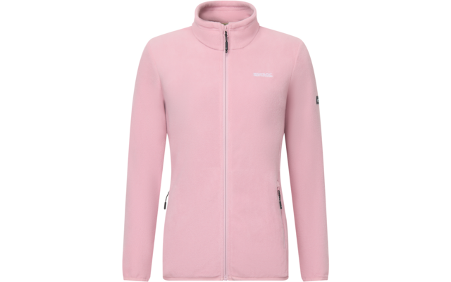 Giacca in pile rosa vista frontale, cerniera centrale a tutta lunghezza, collo alto, due tasche laterali con cerniera, piccolo logo bianco sul petto sinistro, maniche lunghe, sfondo bianco uniforme