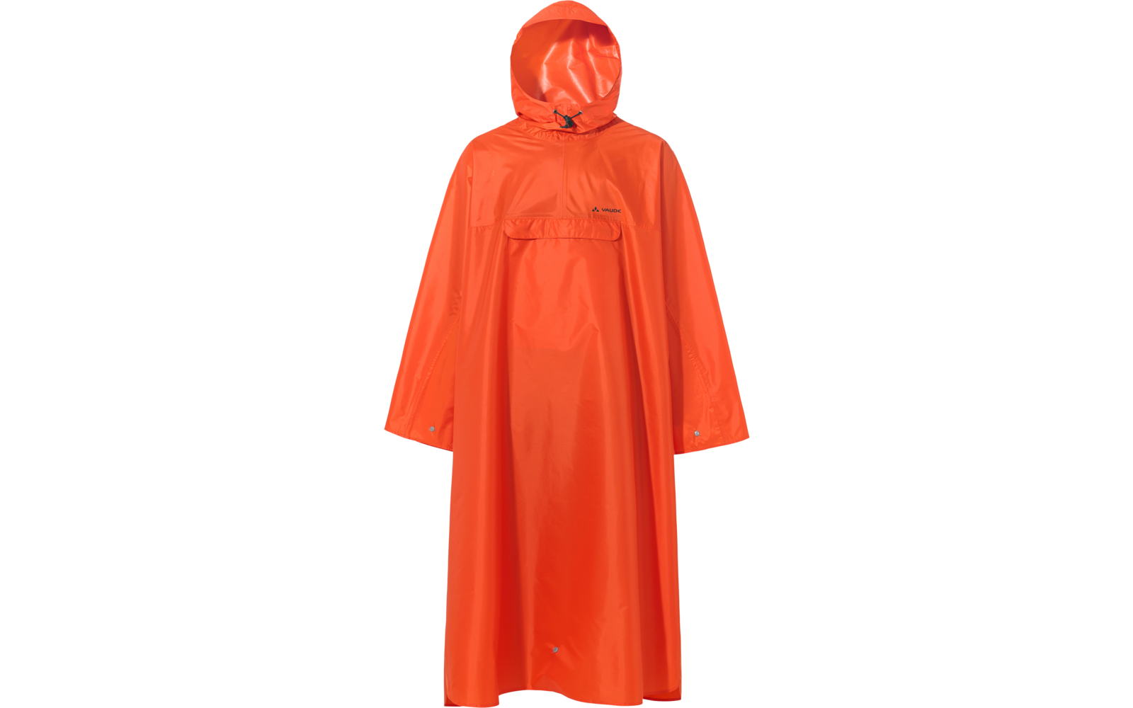 Oranger Regenponcho mit Kapuze, großer Fronttasche mit Klappe und langen Ärmeln