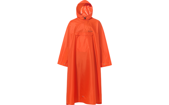 Oranger Regenponcho mit Kapuze, großer Fronttasche mit Klappe und langen Ärmeln