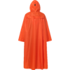 Oranger, langer, weit geschnittener Umhang mit Kapuze, Rückansicht, rechteckiges Detail auf der Kapuze, kleiner silberner Punkt am Saum