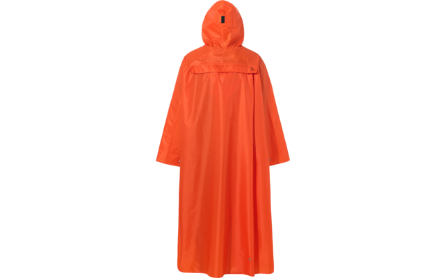 Oranger, langer, weit geschnittener Umhang mit Kapuze, Rückansicht, rechteckiges Detail auf der Kapuze, kleiner silberner Punkt am Saum