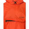 Orange Kapuzenjacke mit Kordelzug, vordere Reißverschlusstasche mit Klappe und schwarzem Reißverschluss, VAUDE-Logo auf der Brust