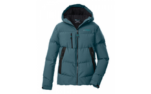 veste matelassée bleu-vert avec capuche, fermeture éclair devant, deux poches latérales zippées et bordures noires