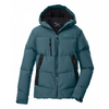 veste matelassée bleu-vert avec capuche, fermeture éclair devant, deux poches latérales zippées et bordures noires